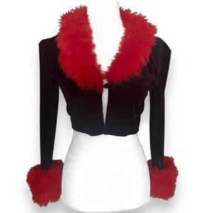 Red Faux Fur Trimmed Black Velvet Cardigan